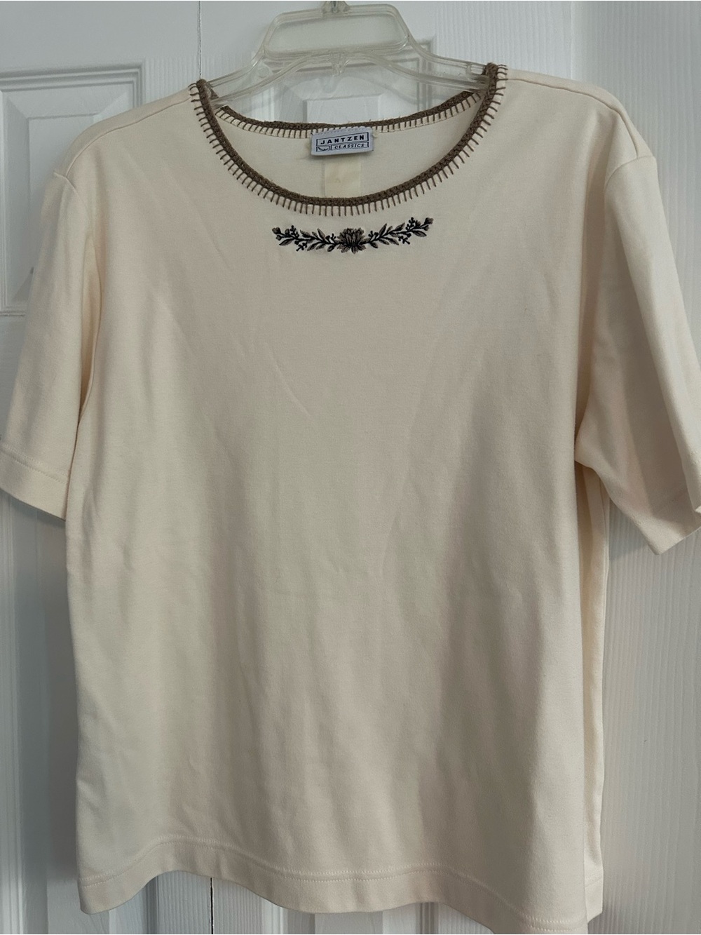 Jantzen Cream Short-Sleeve Tee with Navy Embroidery